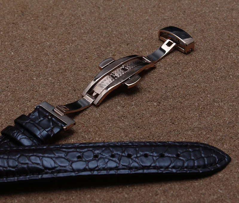Uhrenarmbänder aus Rindsleder mit Krokodilprägung, Spezialmuster, Roségold-Schnalle, Schmetterlingsfalte, schwarzbraun, neu 271Z