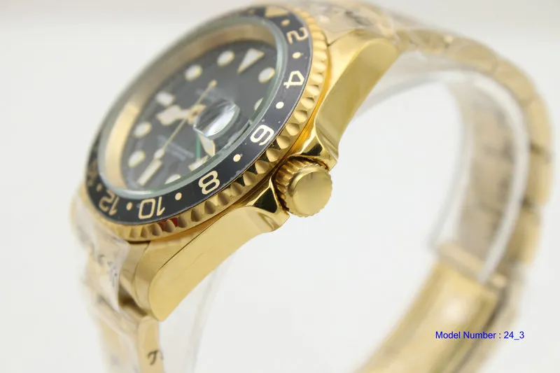 Men's 116713 Watch Gold Case Glidelock Strap Ceramic Ring Sapphire Crystal Black Three hands calendar 40mm187z