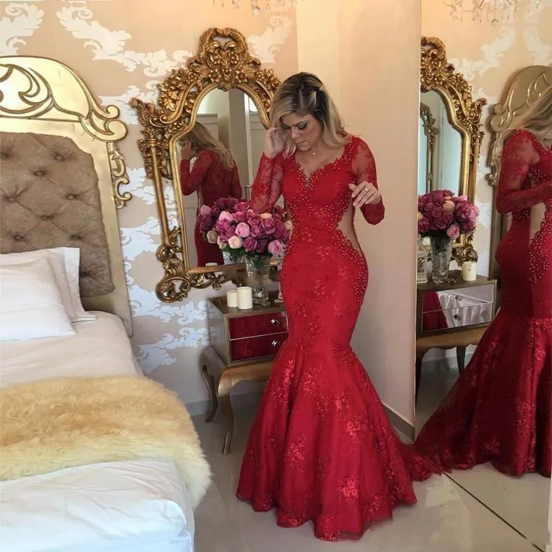 Sexy Red Evening Dresses Scoop Neckline Long Illusion Sleeves With Applique Mermaid Custom Made Formal Occasion Gowns Sweep Train 2017