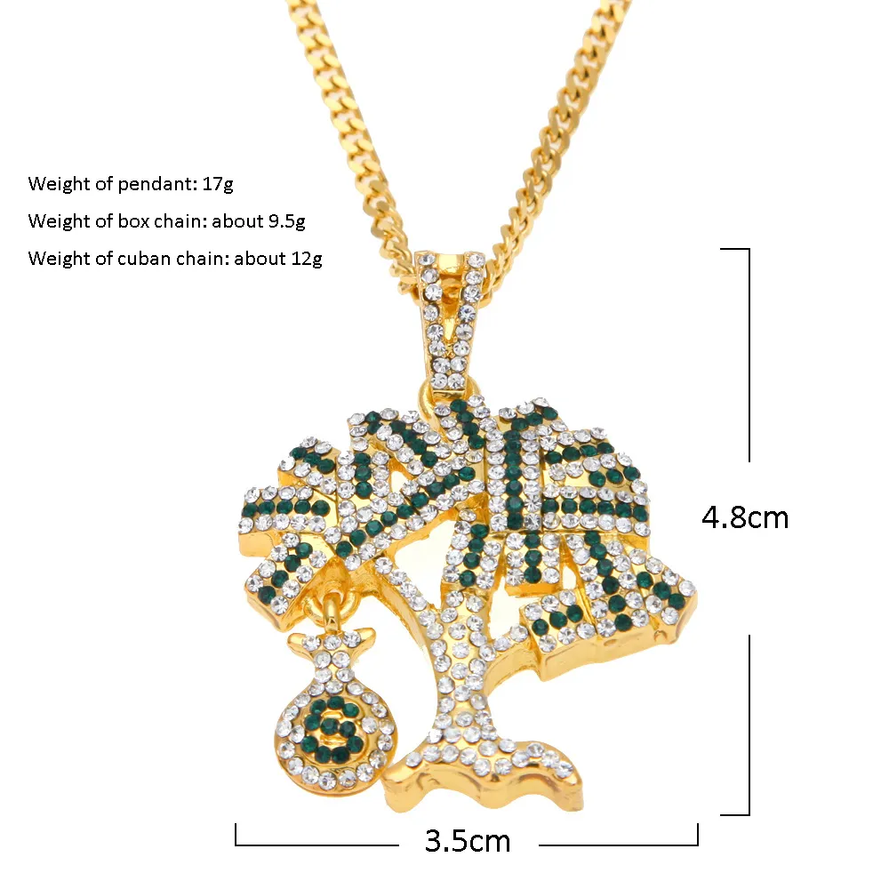 Hip hop Gold Silver USA Money Tree Pendant Bling Rhinestone Crystal Necklace Chain for Men281F