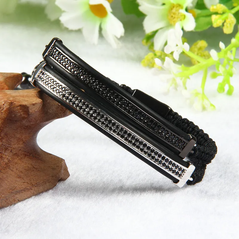 Bijoux de mode de mode Micro Pave Brass Black CZ Double Long Tube Watch Protector Macrame Bracelets2290