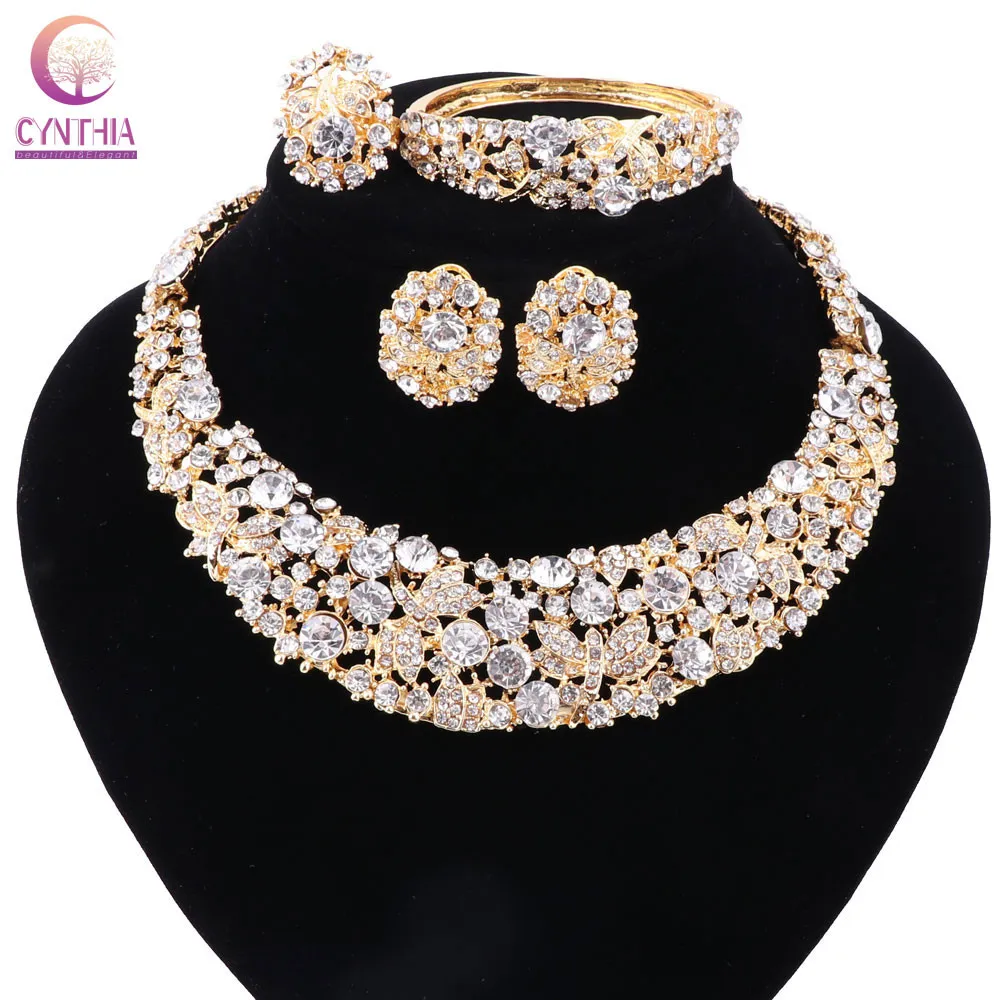 Set di gioielli in cristallo Boho placcato oro da donna con collana, orecchini, bracciale, anello, dichiarazione di vendita diretta la festa nuziale Jewellr211D