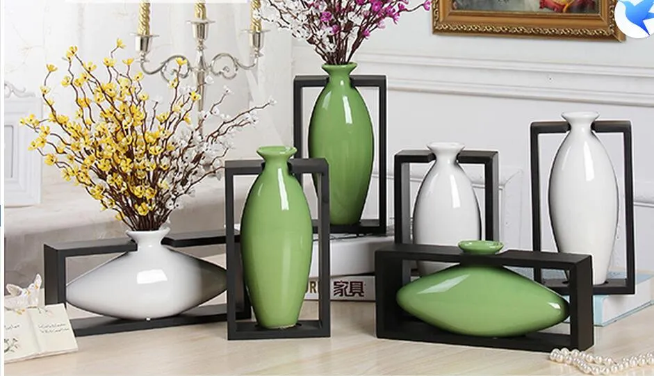 Modern Egg Shape with Wood Frame Ceramic Vase for Home Decor Tabletop Vase white green colors