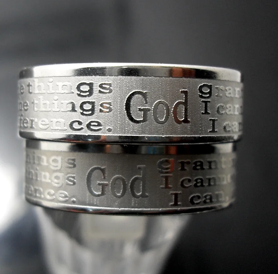 englische geätzte Gelassenheitsgebet Ringe Edelstahl Religiöse christliche Ringe Glaube Bibel Verse Whole Männer Frauen Juwely259n