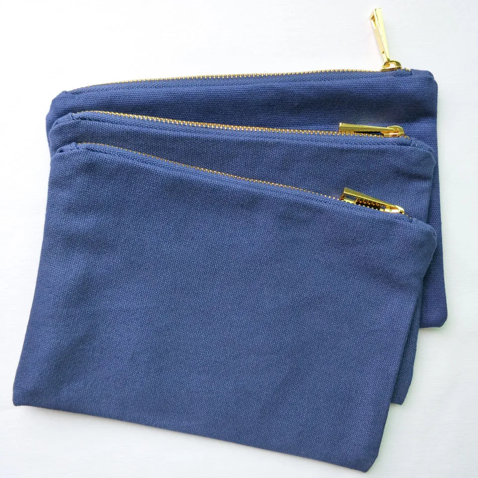 6x9in blank 12oz navy cotton canvas makeup bag with gold metal zip gold lining solid navy blue canvas cosmetic bag factory in stoc2777