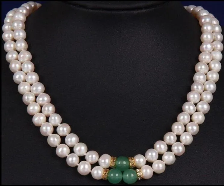 2 ROW 8-9MM SOUTH SEA WHITE GREEN JADE MOTHER PEARL NECKLACE YELLOW CLASP301y