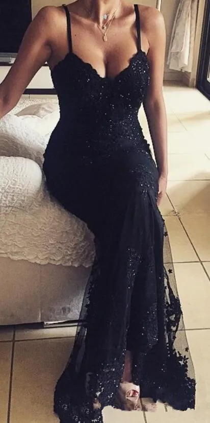 Sexy Backless Black Lace Long Party Prom Dresses Open Back Spaghetti Mermaid Evening Party Gowns Sequined Fitted Occasion Dress Club Wear