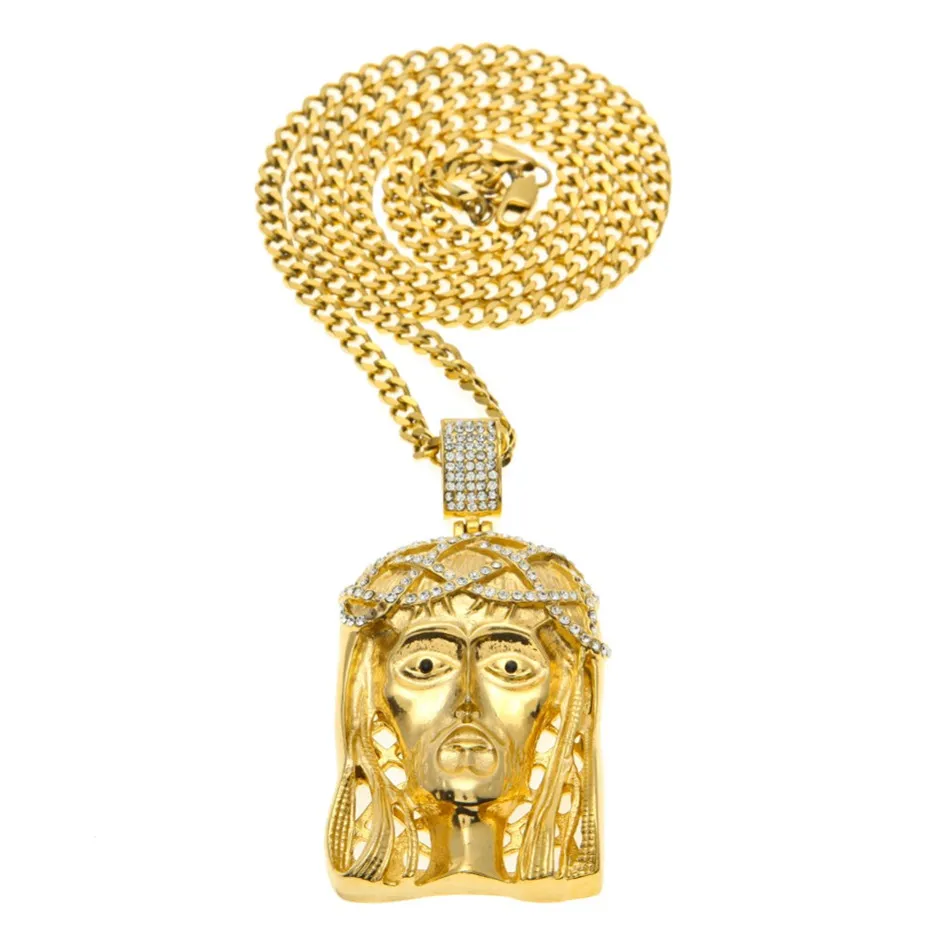 Hip Hop Golden Crowned Jesus Head Pendant Bijoux Pentes Square Gem Crystal Double pendentifs Colliers Set Cuban Chain265c