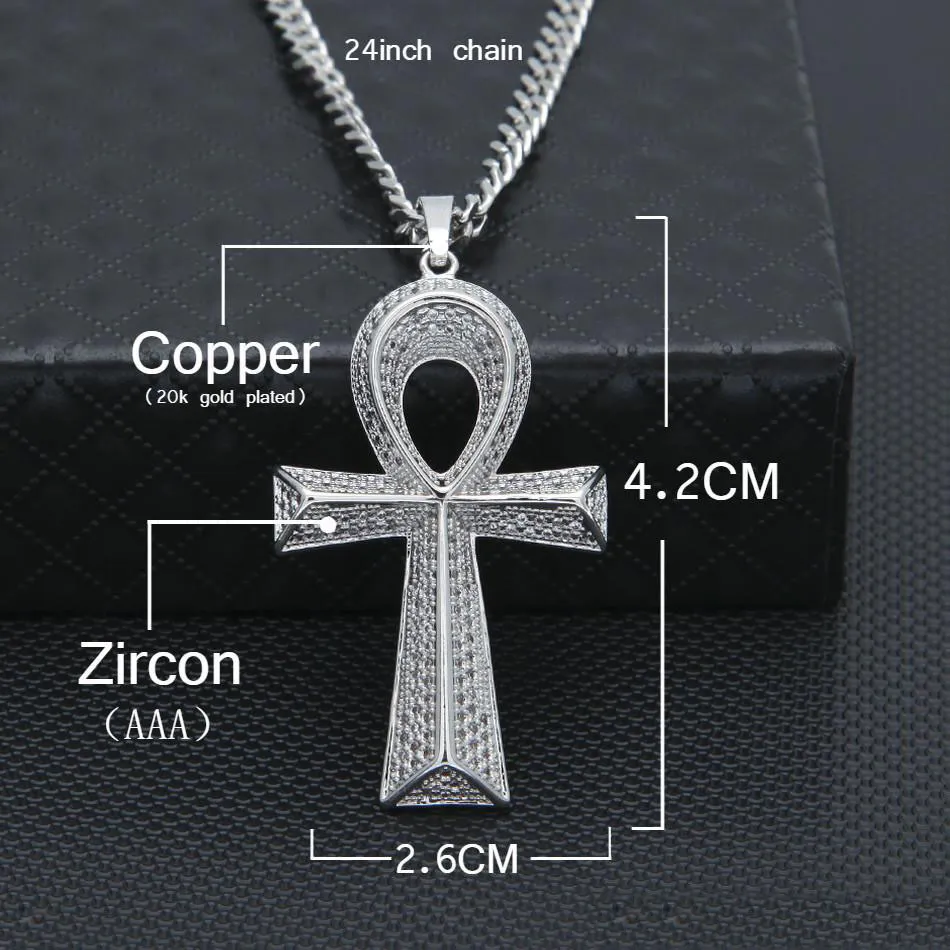 Iced Out Zircon Ankh Key Pendant Golden Jewelry CZ Cross Egyptian Key of Life Pendant Hip hop Necklace For Men Women322x