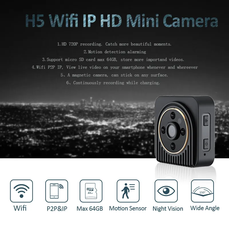 WiFi Mini IP-камера P2P Night Vision HD 720P Mini DV DVR Беспроводной эпиднадзор Носимый корпус камеры для тела 150 градусов широкоугольный объектив