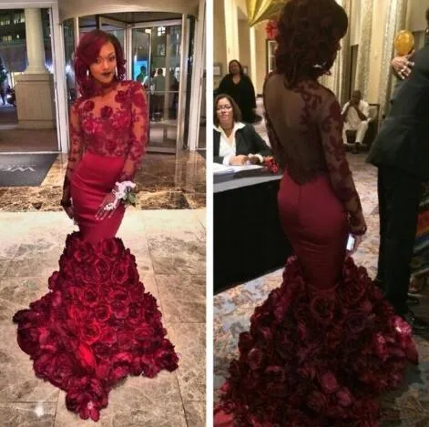 Luxury Africa Evening Dresses High Neck Long Sleeves Mermaid Prom Dresses With Applique Open Back Custom Made Formal Occasion Party Gowns