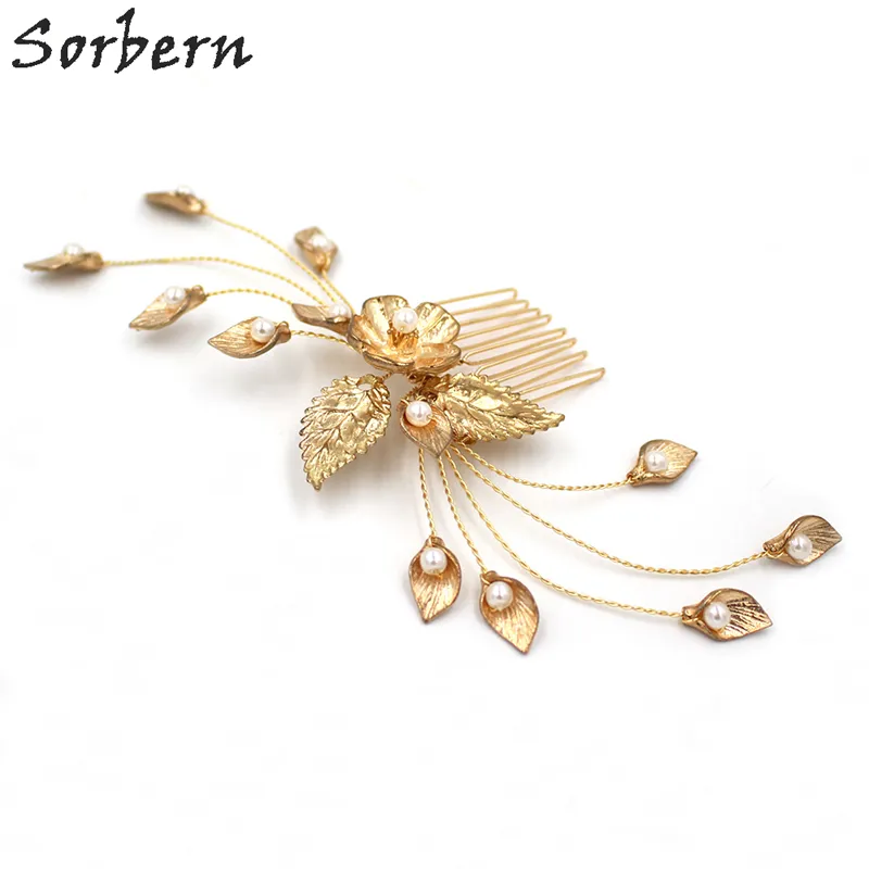 Sorbern Classic Wedding Headpiece Gold Leaves Beads Handmade Pearls and Crystal Wedding Bridal Hair Comb Bridal Hair Accessories Headbands