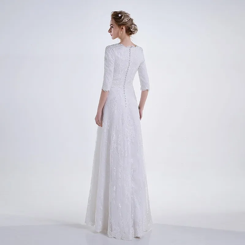 Lace A-line Modest Wedding Dresses With 3/4 Sleeves V-Neck Vestidos De Novia Floor Length Real Custom Made Temple Wedding Gowns Buttons