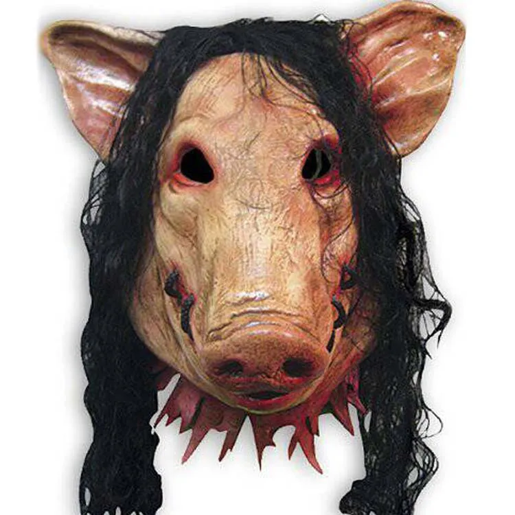 Máscaras de fiesta Máscara de cerdo Roanoke completamente aterradora Adultos Cara completa Animal Látex Halloween Horror Mascarada con cabello negro H-0061260A