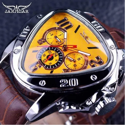 Jaragar sport racing design geometrisk triangel design äkta läder remmar vaktar Top Brand Luxury Automatic Wrist Watch199i