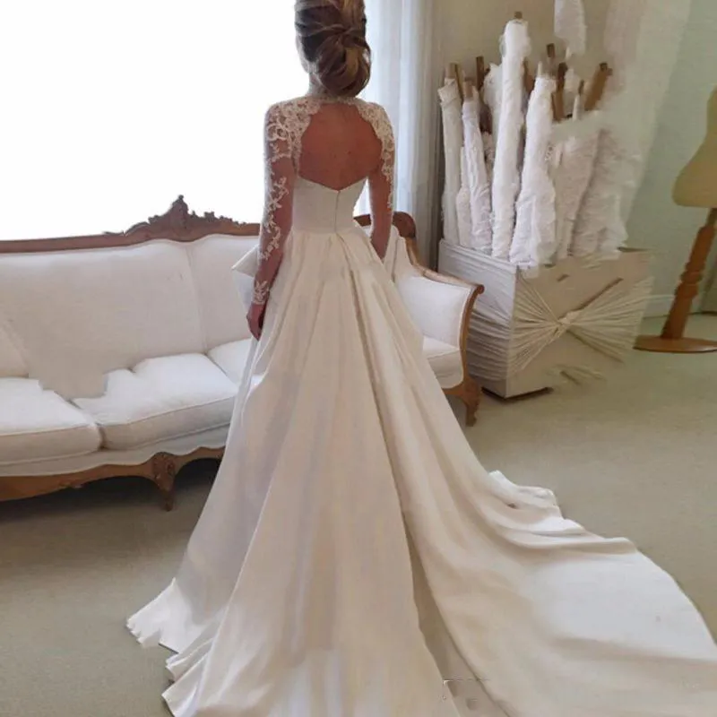 Gorgeous Long Sleeve Wedding Dresses With Sheer Neck Jewel Sexy Open Back Bridal Gowns Satin Vintage Wedding Dress Lace Top Cheap