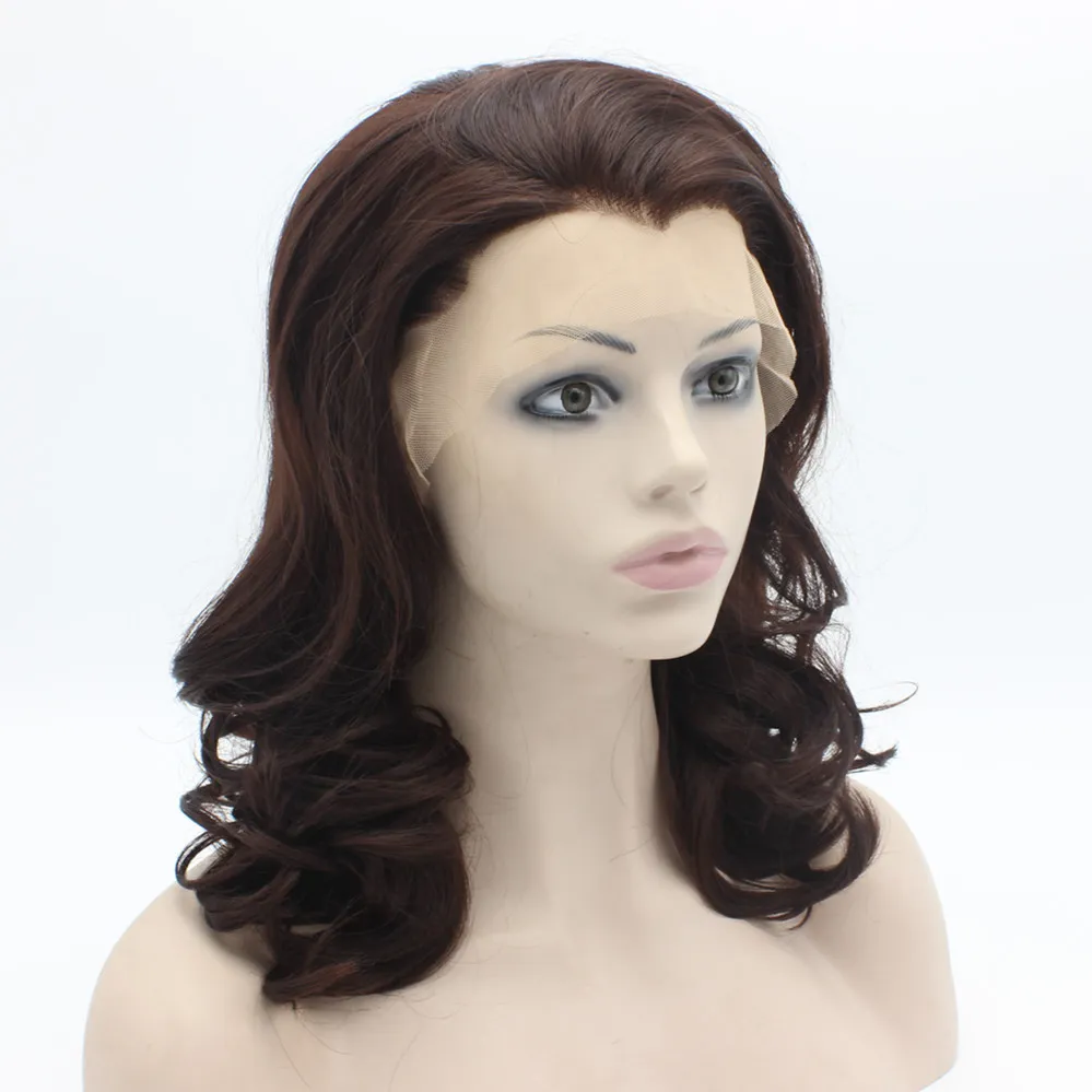 16" #33 Dark Auburn Wavy Heavy Density Heat Friendly Synthetic Hair Front Lace Wig