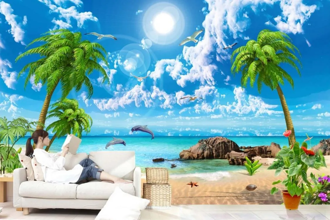 HD Piękna tapeta morze kokosowy krajobraz plażowy 3D Tapety do salonu sofa sofa TVDrop2375
