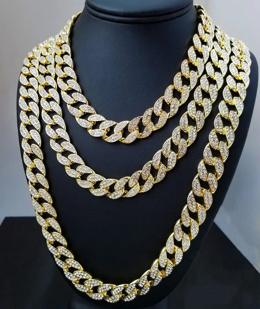 Whosale 16Inch 18Inch 20Inch 22Inch 24Inch 26Inch 28Inch 30Inch Iced Out Rhinestone Gold Silver  Cuban Link Chain Men Hiphop Necklace