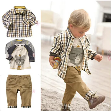 İlkbahar Sonbahar Bebek Erkek Giyim Seti Moda Uzun Kollu Ekose Gömlek + T Shirt + Pantolon Rahat Çocuk Giysileri Kıyafetler 2-6Years