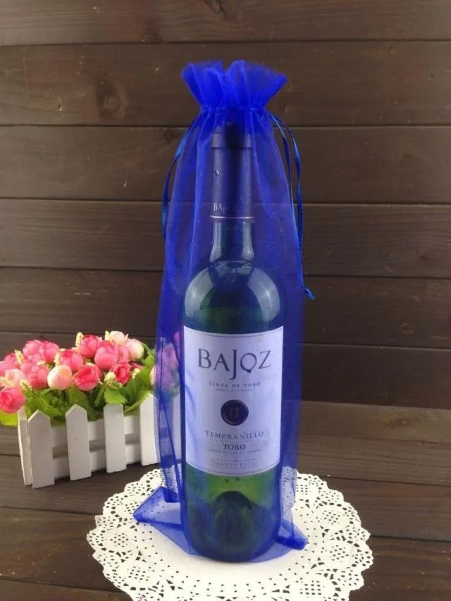 Silver Organza Bottle Bag Bolsa Favor de la boda Regalo Wrap 14x35cm Bolsas de botella de vino o colores de mezcla