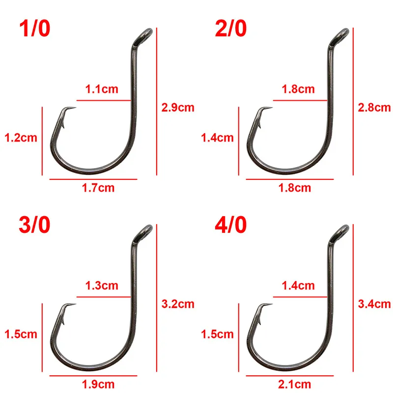 100 Stück 7384 Angelhaken aus Kohlenstoffstahl, schwarz, versetzt, Sport, Kreis, Köder, Angelhaken, Größe 1–8, 0314c