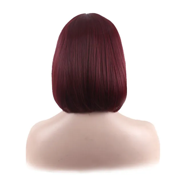 WoodFestival short straight synthetic wig burgundy bob wigs with bangs shoulder-length full heat resistant fiber wig women top quality