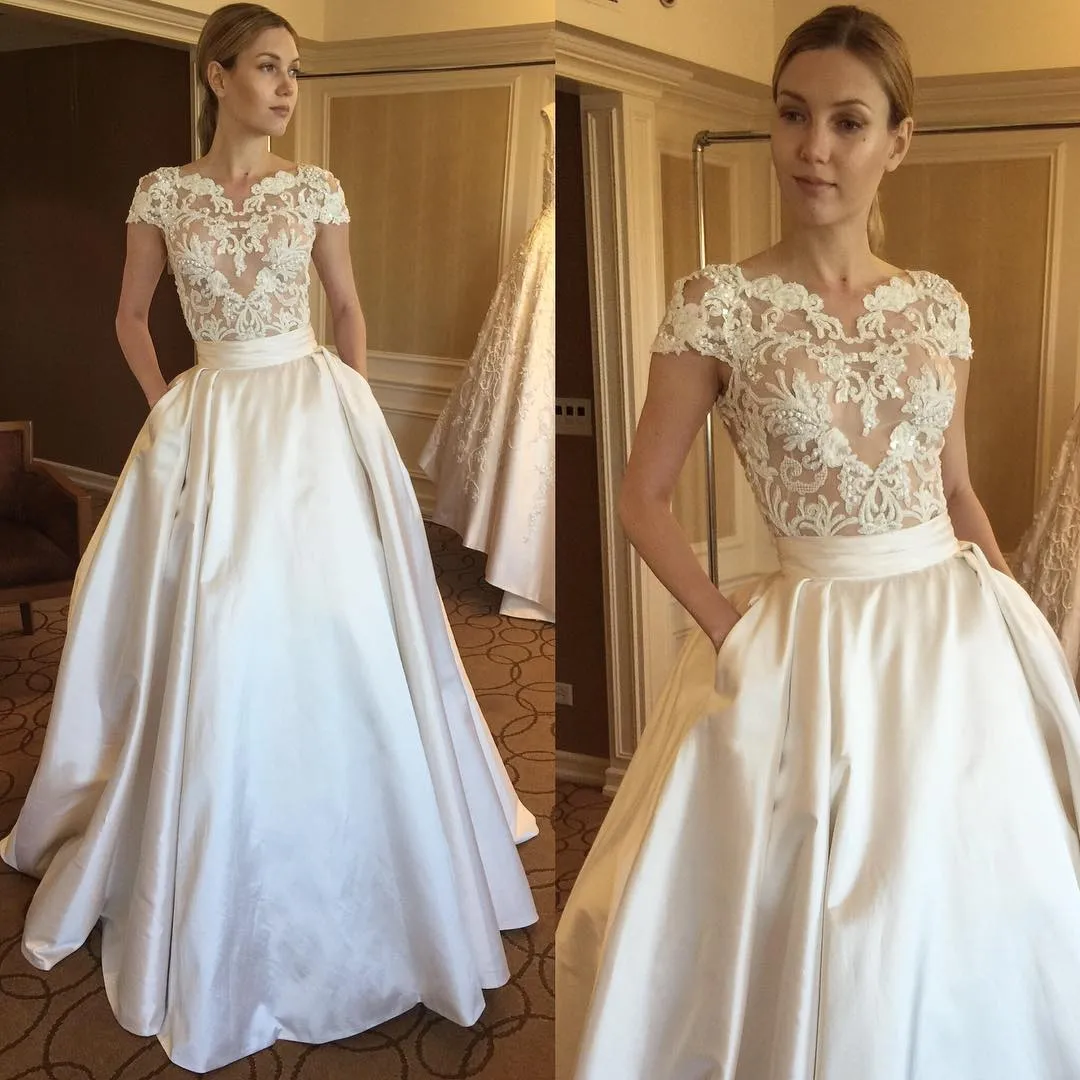 zuhair murad beach wedding dresses lace applique sexy illusion bodice detachable train bridal gowns short sleeve beads wedding dress