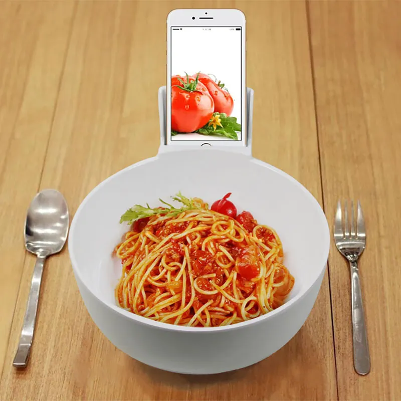 Creative Bowl with Cell Phone Holder for Mobile Phone Users White Black Melamine Bowl 2L Large Size Ramen Bowls Tableware ZA2668