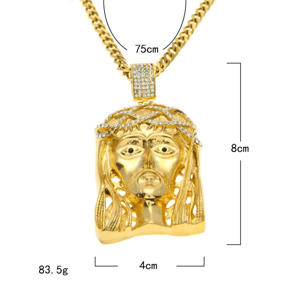 Hip Hop Golden Crowned Jesus Head Pendant Smycken Set Square Gem Crystal Double Pendants Halsband Set Cuban Chain265C