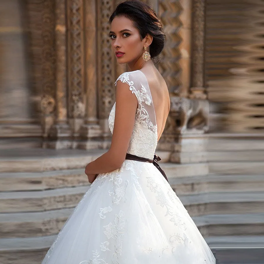 Vestido De Novia A-Line Wedding Dress Illusion Neckline Casamento Lace Bridal Gowns Sexy Backless Black Sash Appliques Wedding Dresses