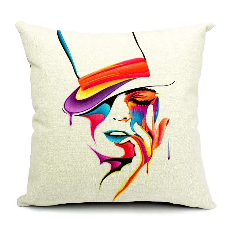 Abstrakte bunte Malerei Frauen Gesicht Leinen Kissenbezug Kissenbezug Home Art Decor Almofadas 18 18 Zoll Coussin Schlafzimmer Sofa Deco272C