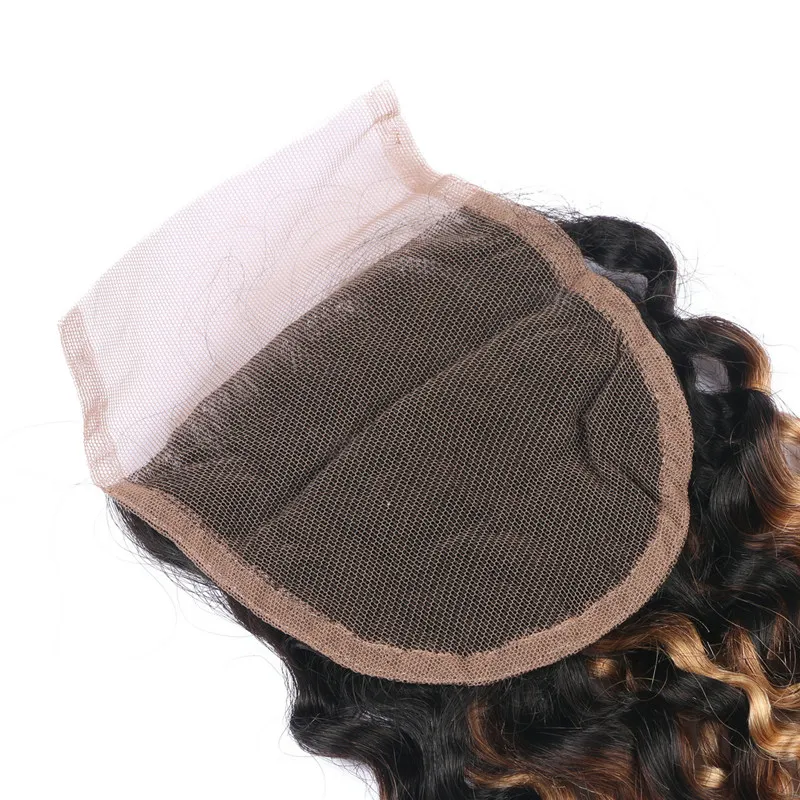Brazilian Honey Blonde Ombre Human Hair Lace Closure With Baby Hair Kinky Curly 1B/27 Light Brown Ombre 4x4 Front Lace Closure 8-24