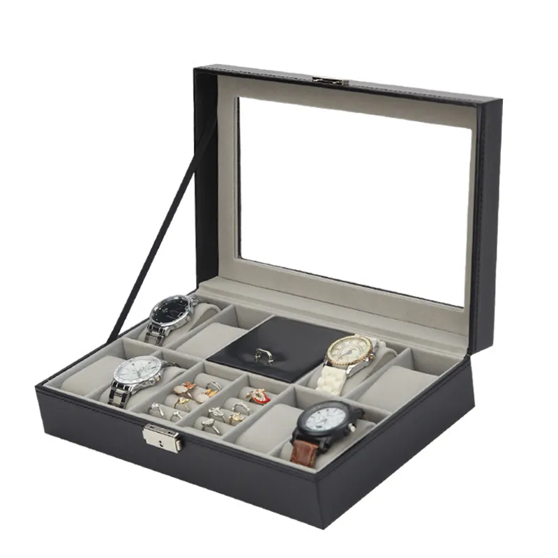 Moda couro preto 8 grades caixa de relógio anel caso organizador exibição jóias coleção armazenamento caso com vidro cover226q