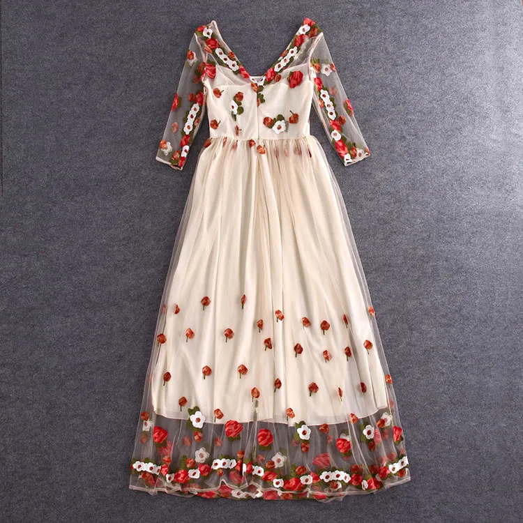High Quality New Arrival Women' Sexy V Neck 3/4 Sleeves Embroidery Sash Belt Elegant Long Runway Dresses in Plus Sizes