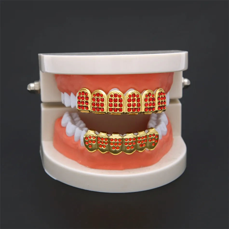New Glod Silver Plated Iced Out Red Rhinestones Hip Hop Teeth For Mouth GRILLZ Caps Top & Bottom Grill Set teeth Jewelry
