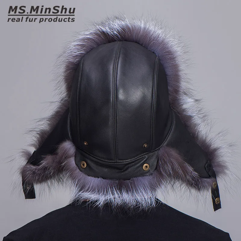 Chapéu unissex de pele de raposa prateada estilo russo com couro de pele de carneiro, protetor de orelha de inverno278i