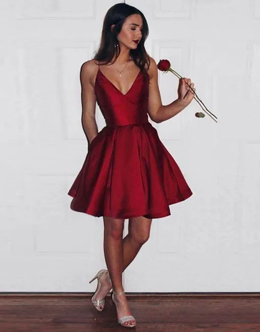 Simple Homecoming Dresses 2017 A Line V Neck Cocktail Dresses Burgundy Satin Short Above the Knee Party Gowns