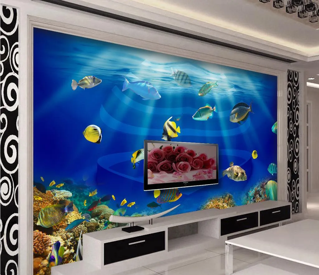 Ocean world heart shaped fish tank Tropical fish 3D stereo TV mural 3d wallpaper 3d wall papers for tv backdrop