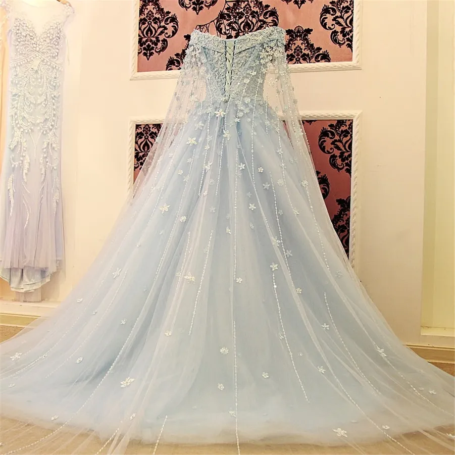 Popular Blue Wedding Dress Off The Shoulder Hand Made 3D Flowers Applique Princess Marry Bridal Grown