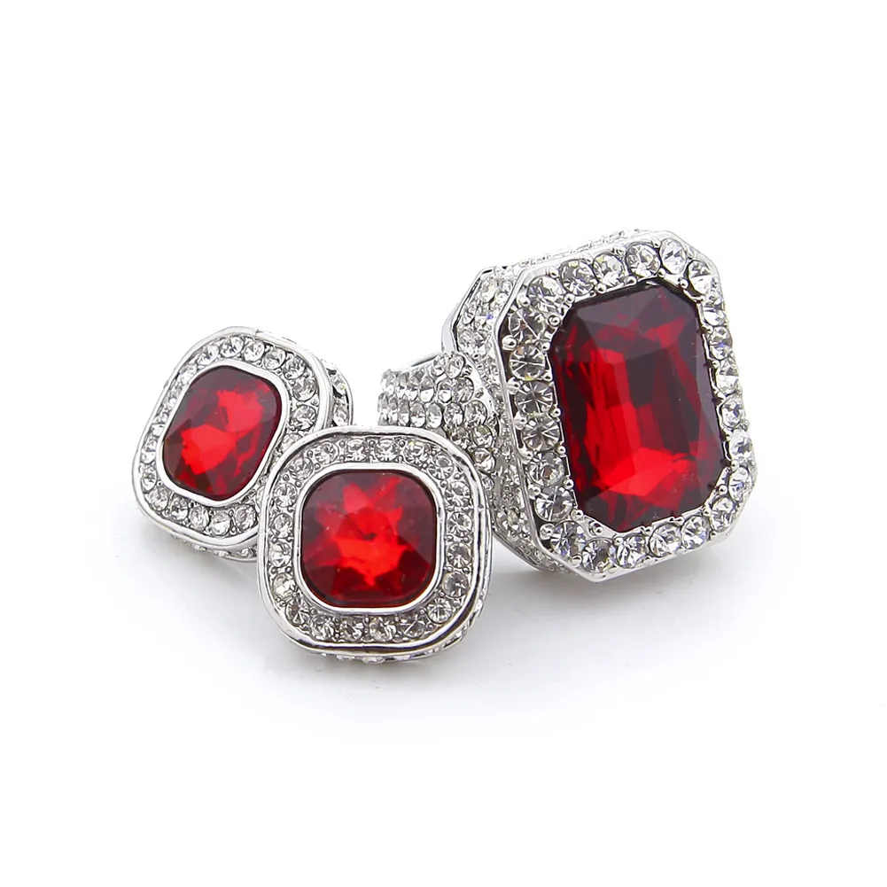 Men 14k Gold Plated Iced Out Micro Pave Red Ruby Earrings Ring set Punk Rap Jewelry Size Available
