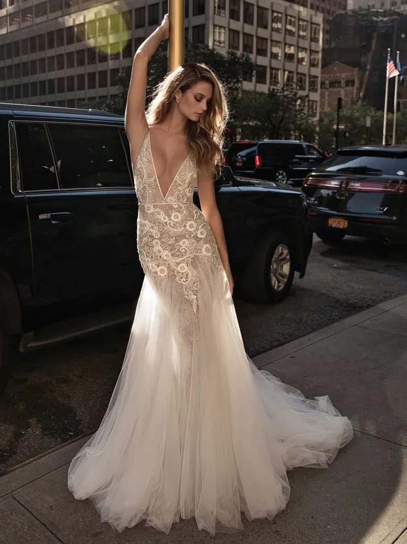 berta mermaid backless wedding dresses plunging neckine lace applique crystal bridal gowns sexy illusion bodice fishtail wedding dress