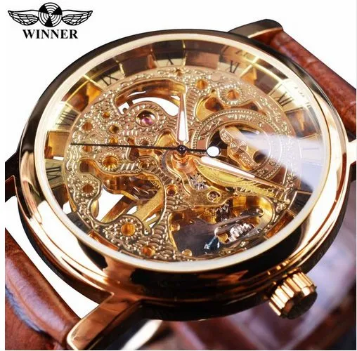 Gewinner Royal Carving Skeleton Braunes Lederband Transparent Dünnes Gehäuse Skeleton Design Uhr Uhren Männer Marke Luxus Uhr Men285c