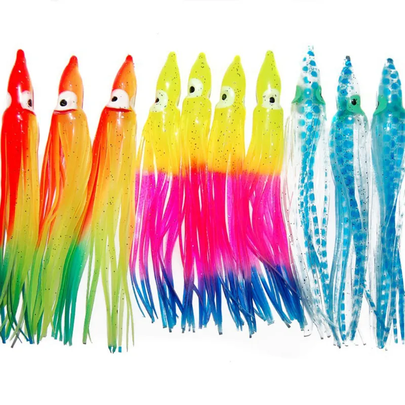 50 stks 12 cm Zacht Plastic Octopus Vissen Lokt Voor Jigs Gemengde Kleur Lichtgevende Siliconen Octopus Rok Kunstmatige Jigging Bait246m