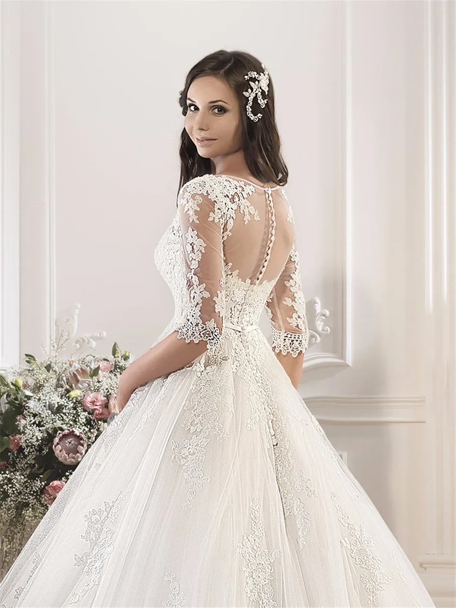 Tulle Half Sleeve Wedding Dress O-Neck Ball Gown Appliques Lace Crystal Pearls casamento Bridal Gowns Illusion Back