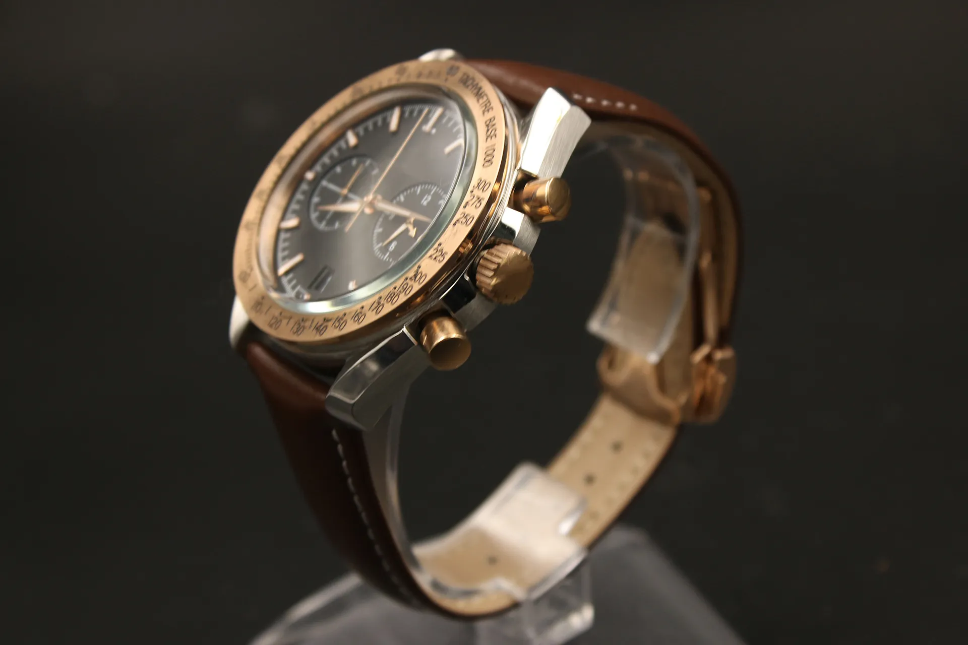 Montre à quartz pour hommes, chronographe Sea Master, cadran noir, chronomètre océan, lunette en or rose, boîtier cannelé, 171h