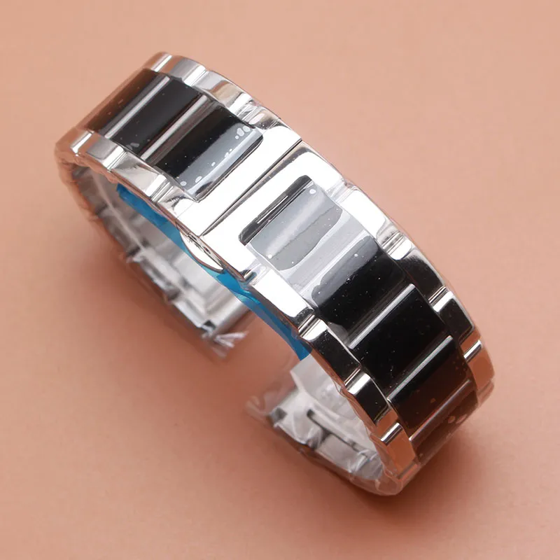 18mm 20mm 21mm 22mm 23 24mm Horlogeband Band Armband met vlindergesp Zilver en zwart gepolijst roestvrij staal metaal w301W