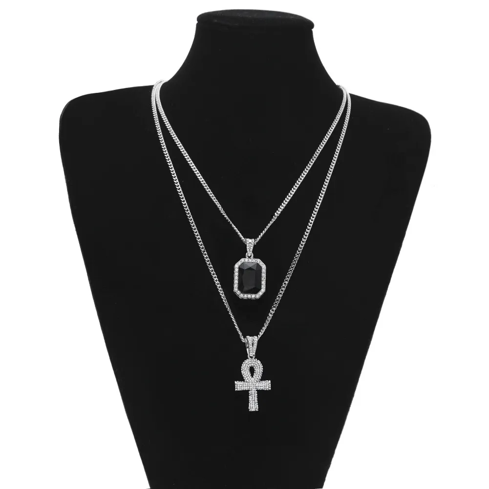 Hip Hop Jewelry Egyptian large Ankh Key pendant necklaces Sets Mini Square Ruby Sapphire with Cross Charm cuban link For mens Fash259O