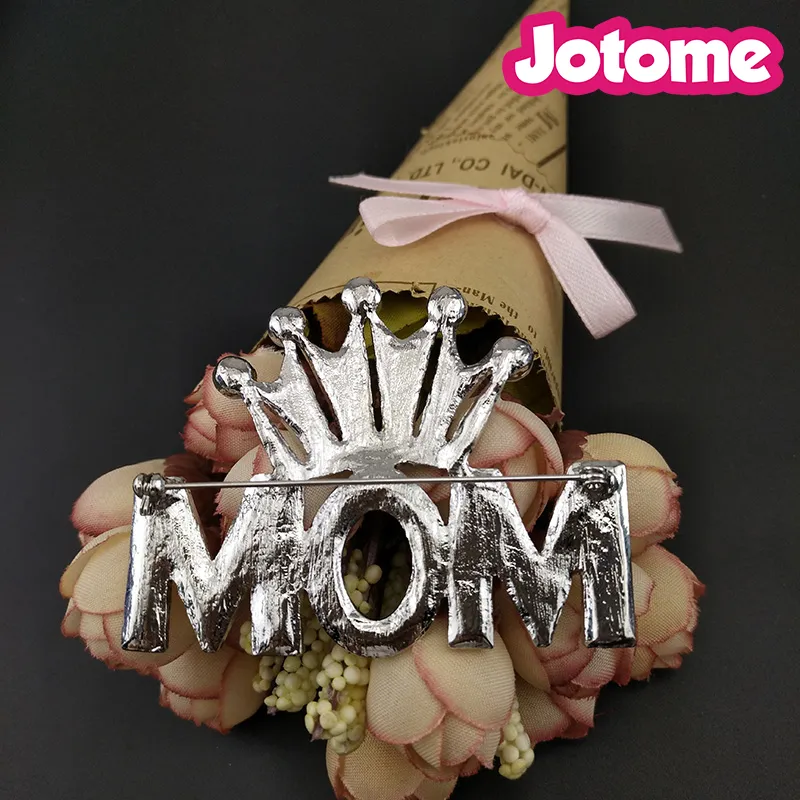 Silver Tone Mother's Day Gift Brooches Crown MOM Rhinestone Crystal Brooch Pin For Suit