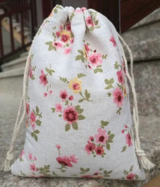 Bolsa de regalo de lino con estampado de flores puras, bolsitas de viaje, saco de organza, bolsas de regalo para joyería, 275z
